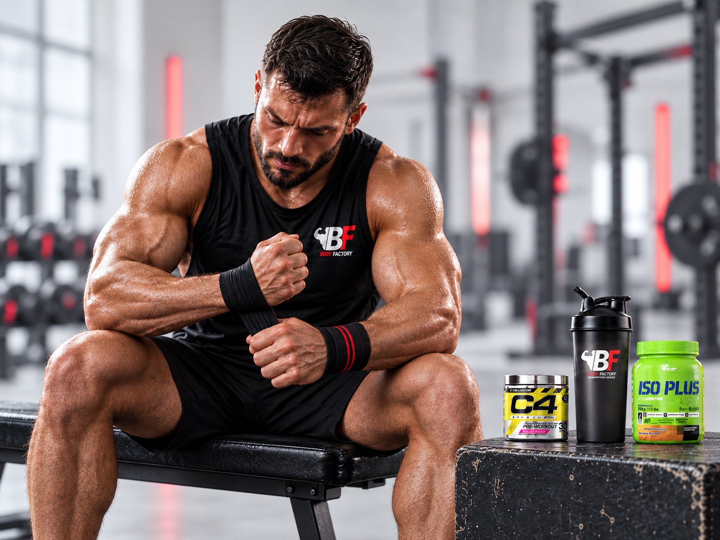 Атлет BodyFactory и спортивное питание в светлом тренировочном зале